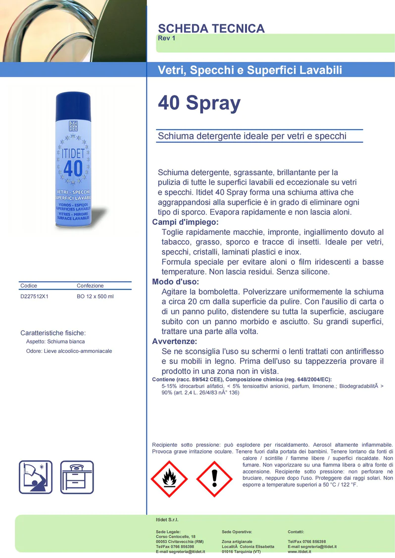 Detergente Vetri e Specchi Spray - 500 ml - Itidet 40 + itidet +
